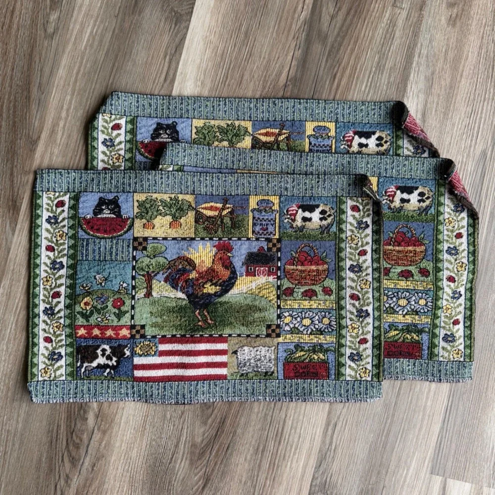Vintage Farmhouse Woven Tapestry Placemats Set of 3 Rooster Cow Country Decor